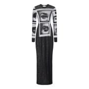 Zwarte Tule Jurk met 'Ogen en Lippen' Print Jean Paul Gaultier , Black...