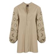 Katoenen Geborduurde Jurk met Lange Mouwen Dondup , Beige , Dames