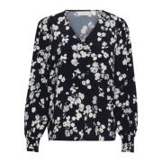 Marine Flower Blouse Stijlvolle V-Hals Kaffe , Black , Dames