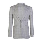 Kasjmier Zijde Linnen Geruite Blazer Eleventy , Gray , Heren