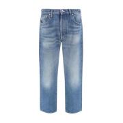 Metal Plaque Katoenen Jeans met Leren Patch Valentino , Blue , Heren