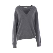 Grijze Wollen V-Hals Trui Saint Laurent , Gray , Dames