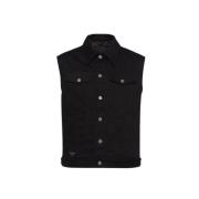 Zwarte denim mouwloos vest met metalen driehoekig logo Prada , Black ,...