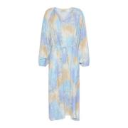 Blauwe Waterverf Jurk met Pofmouwen Cream , Multicolor , Dames