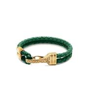 Men's Green Leather Bracelet with Gold Bali Clasp Lock Nialaya , Yello...