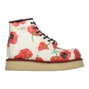 Bloemenprint Leren Enkellaarzen Kenzo , White , Heren