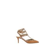 Studded Tan Leren Hakken Valentino Garavani , Brown , Dames