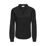 Zwarte Katoenen V-hals Blouse Jacqueline de Yong , Black , Dames