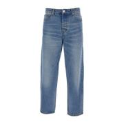 Blauwe Tapered Leg Denim Jeans met Logo Patch Ami Paris , Blue , Heren