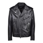 Leren bikerjack met rits Dondup , Black , Heren