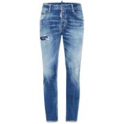 Navy Blauw Distressed Super-Skinny Jeans Dsquared2 , Blue , Heren