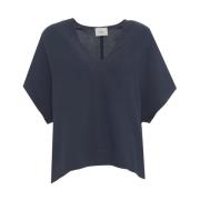 Blauw Linnen V-Hals T-Shirt 8PM , Blue , Dames