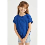 WE Fashion T-shirt kobaltblauw Meisjes Katoen Ronde hals Effen - 98/10...