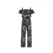 WE Fashion jumpsuit met bladprint donkerblauw/groen/roze Meisjes Katoe...