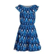 WE Fashion jurk met all over print blauw Meisjes Stretchkatoen Ronde h...