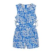 Mango Kids gebloemde playsuit helderblauw/wit Meisjes Katoen Ronde hal...