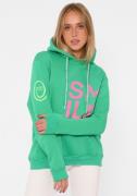 Zwillingsherz Hoodie met geborduurd neon-smiley en koord met opdruk