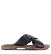 Lazamani Leren mules black met gekruiste banden platte sandalen dames